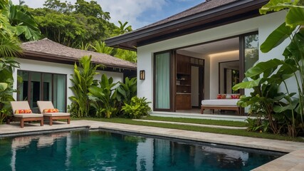 Fototapeta premium Luxurious Villa With Outdoor Pool Surrounded by Lush Greenery in a Tropical Paradise