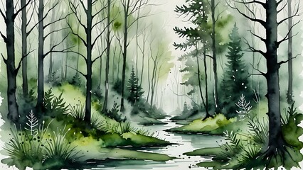 Deep forest green and misty silver watercolor with natural ink veins give an earthy, grounded atmosphere