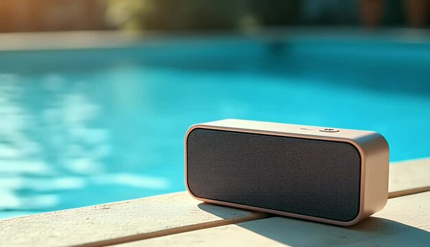 Wireless Audio Device with Voice Assistant Near Swimming Pool 