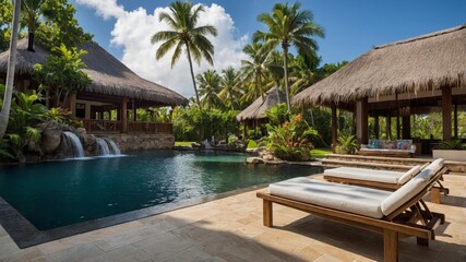Obraz premium Tropical Oasis Featuring Luxurious Poolside Loungers and Thatched-Roof Bungalows on a Sunny Day in a Tropical Paradise