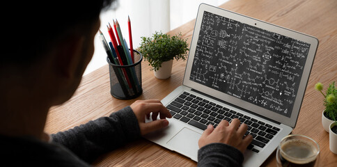 Mathematic equations and modish formula on computer screen showing concept of science and education