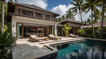 Fototapeta premium Luxurious Villa With Private Pool Surrounded by Palm Trees in Tropical Paradise During Sunny Afternoon Hours