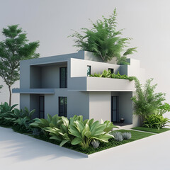 Modern architecture featuring a building, house, and resort with green plants and palm trees under a summer sky