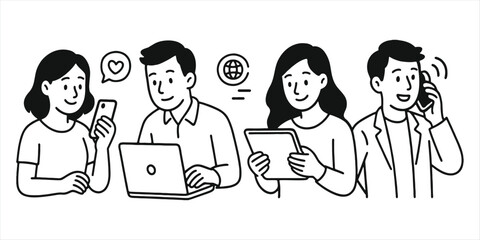Office employees in workplaces linear icons collection. using laptop tablet and smartphone in business environment doodle characters set on white background.