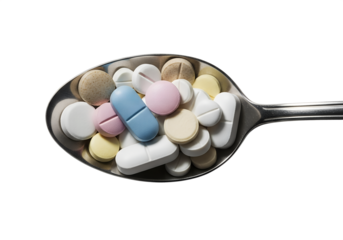 Various pills and capsules on spoon, healthcare and medicine concept, health and wellness