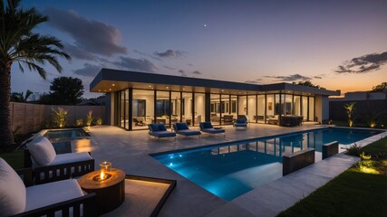 Obraz premium Modern Villa Exterior With Pool and Patio Illuminated at Twilight in a Warm Climate Setting Showcasing Contemporary Architectural Design