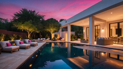 Fototapeta premium Elegant Backyard Oasis at Dusk With a Beautifully Lit Pool Surrounded by Lounge Chairs and Lush Greenery in a Serene Atmosphere
