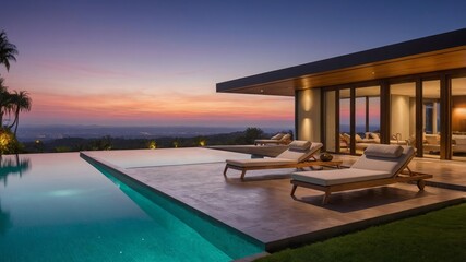 Fototapeta premium Luxury Villa With Infinity Pool Against Sunset Background in a Serene Landscape, Showcasing Modern Architecture and Relaxation at Dusk