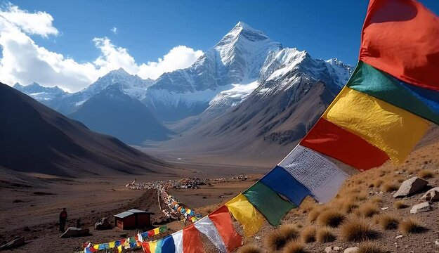 Sacred Mount in Tibetan Region with Buddhist Prayer Flags in the Foreground 