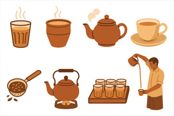Flat vector icons of Tea (Chai)  equipment: teapot, cups on dishes, kettle 