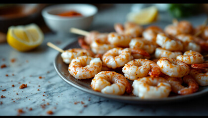 Shrimp Skewers Ready for Grilling &ndash; marinated shrimp skewers rest on a platter, their glistening shells coated in a spicy Cajun rub
