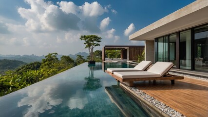 Fototapeta premium Luxurious Villa Overlooking Lush Mountains With Infinity Pool During Bright Daytime