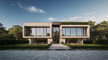 Fototapeta premium Modern Architectural Design Showcases a Spacious Villa Surrounded by Lush Greenery and a Serene Landscape During Daylight