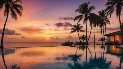 Obraz premium Stunning Sunset View at a Tropical Beach Resort With Palm Trees and a Tranquil Infinity Pool Reflecting Colorful Skies