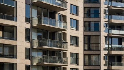 Fototapeta premium Modern Residential Buildings Feature Balconies and Large Windows in a Sunny Urban Neighborhood During the Late Afternoon