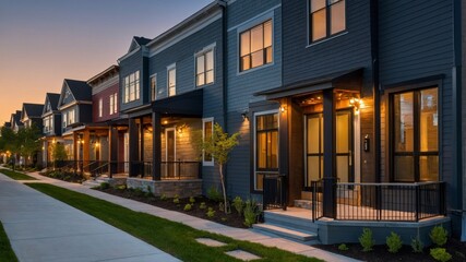 Fototapeta premium Modern Residential Neighborhood With Beautifully Designed Houses and Warm Lighting Along the Sidewalks During Twilight Hours