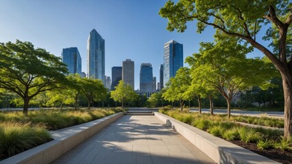 Fototapeta premium Urban Park Pathway Lined With Trees Leading to Modern Skyscrapers Under a Clear Blue Sky During Daytime in a Bustling City