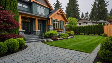 Beautiful House Exterior With Landscaped Yard and Stone Pathway in a Peaceful Suburban Neighborhood on a Cloudy Day