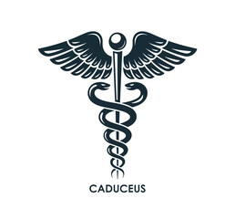 Caduceus Medical Symbol Illustration – Black and White Design with Serpents, Winged Lotus, and Symmetrical Wings