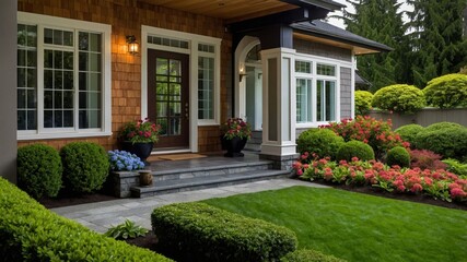 Fototapeta premium Front Entrance of a Beautifully Landscaped Home Showcasing Vibrant Flowers and Manicured Lawns in a Sunny Neighborhood Setting