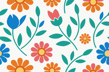 Colorful floral pattern with orange blue and pink flowers and green leaves on a background