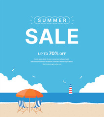 Fototapeta premium Summer sea beach sale banner with blue sky, clouds, sandy beach, striped chairs, orange parasol and lighthouse. Perfect for seasonal promotions or vacation advertising.