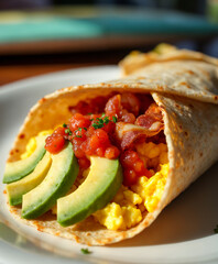 Surf Club Breakfast Burrito Ingredients &ndash; Tortilla with Scrambled Eggs, Crispy Bacon, Avocado Slices, and Fresh Salsa
