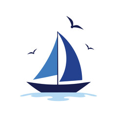 Sailboat gliding with seagulls flying nearby Vector illustration