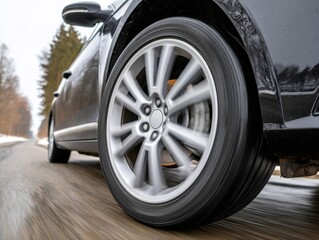 Close-up of spinning car wheel on a wet road, dark colored vehicle moving fast on asphalt.