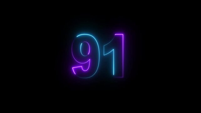 Glowing neon numeric text 91 number countdown icon background 4k animation. Purple and cyan neon font alpha number. Neon number 91 with alpha channel, Energy&nbsp;neon&nbsp;91&nbsp;number.