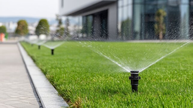 Automatic sprinklers watering green lawn near office building, irrigation system for watering plants and grass. - Powered by Adobe