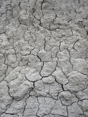 Detailed grey cracked ground texture with dried mud pattern, showing natural surface erosion and arid soil conditions.