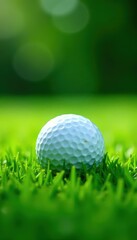 Fototapeta premium Close-up of golf ball resting on lush green grass, close-up, field