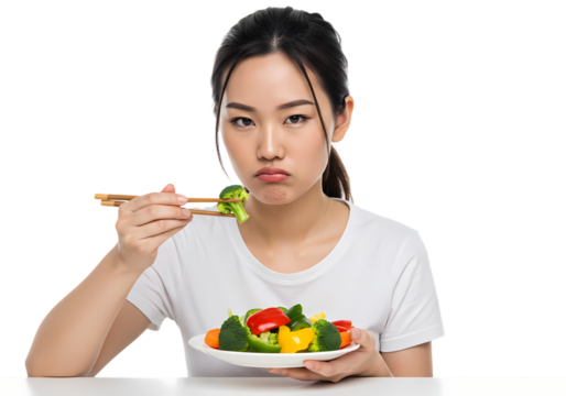 A Young Womans Reluctant Encounter with a Vibrant Vegetable Medley isolated on transparent background