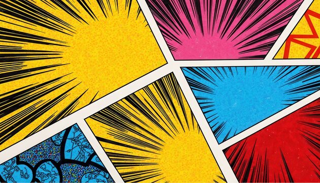 comic panel grid background featuring diagonal lines, abstract bursts, and saturated color blocks, with bold outlines and exaggerated shadowing in a classic superhero style.