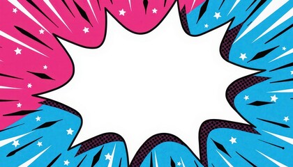 wham style comic burst layout with a bright pink and blue theme, bold white starburst shape in center, thick ink outlines, and layered retro dot patterns on every corner.