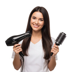 a woman with hairdryer and brush on Isolated transparent background png. generated with AI