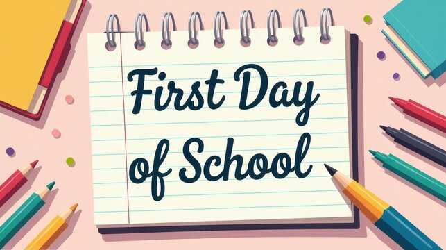 lettering of “First Day of School”, placed inside a notebook page frame, surrounded by paperclips, erasers, and markers, soft pastel color scheme
