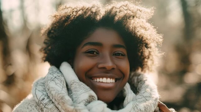 Happy young woman wearing a patterned scarf outdoors