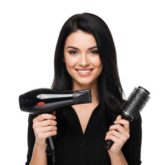 a woman with hairdryer and brush on Isolated transparent background png. generated with AI
