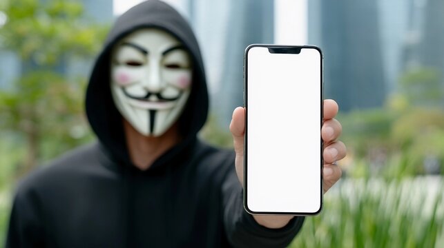 Person in mask showcases smartphone in urban park during daytime - Powered by Adobe