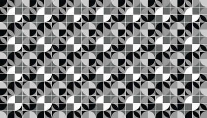 Retro abstract pattern with quarter circle motif in black and white color palette. This cheerful and smooth tile evokes a mid-century modern feel that is perfect for creative design projects
