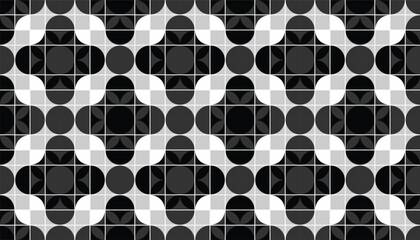 Black and white retro pattern with stylized geometric flowers and interlocking curves. Ideal for editorial design, fabric, and classic decor elements.