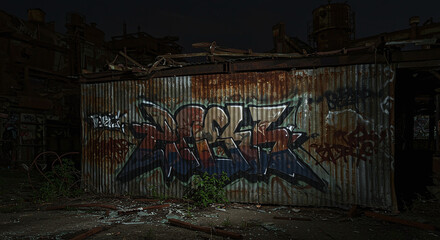 Graffiti Art on Corrugated Metal Wall at Night