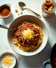 Cincinnati Chili Top Down Prep, Ohio – Classic regional dish of chili over spaghetti with cheddar and onion, captured overhead for comfort food menus and Midwestern food culture features