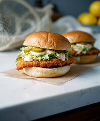 Mississippi River Catfish Sandwich – Crispy fried catfish on fresh bun with tartar sauce, pickles, and lettuce, Keokuk, Iowa prep scene ideal for restaurant menus, food blogs, and sandwich branding