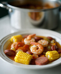 Frogmore Stew Assembly, Beaufort, South Carolina – Traditional coastal dish of shrimp, sausage, corn, and red potatoes served hot and rustic for southern gatherings and seafood-focused menus