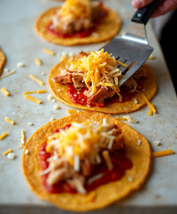 Santa Fe Enchilada Assembly, New Mexico – Traditional layered dish with corn tortillas, red chile sauce, cheese, and pulled chicken, ideal for authentic southwestern food features