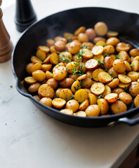 Fingerling Potato Hash – Crispy fingerling potatoes with garlic, thyme, and skillet sear, rustic prep scene from Boise, Idaho for food blogs, menus, and comfort meal branding 