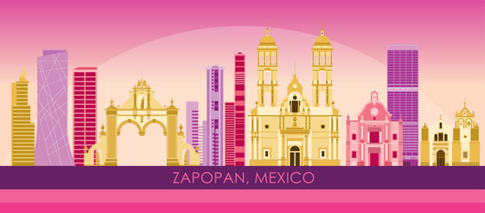 Sunset Skyline panorama of city of Zapopan, Mexico - vector illustration